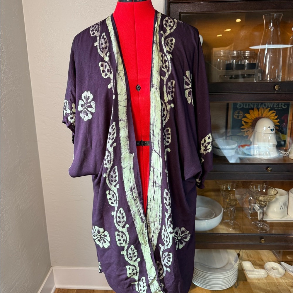 Highness Purple Batik Print Kimono Cardigan Open Front Boho One Size Fits Most